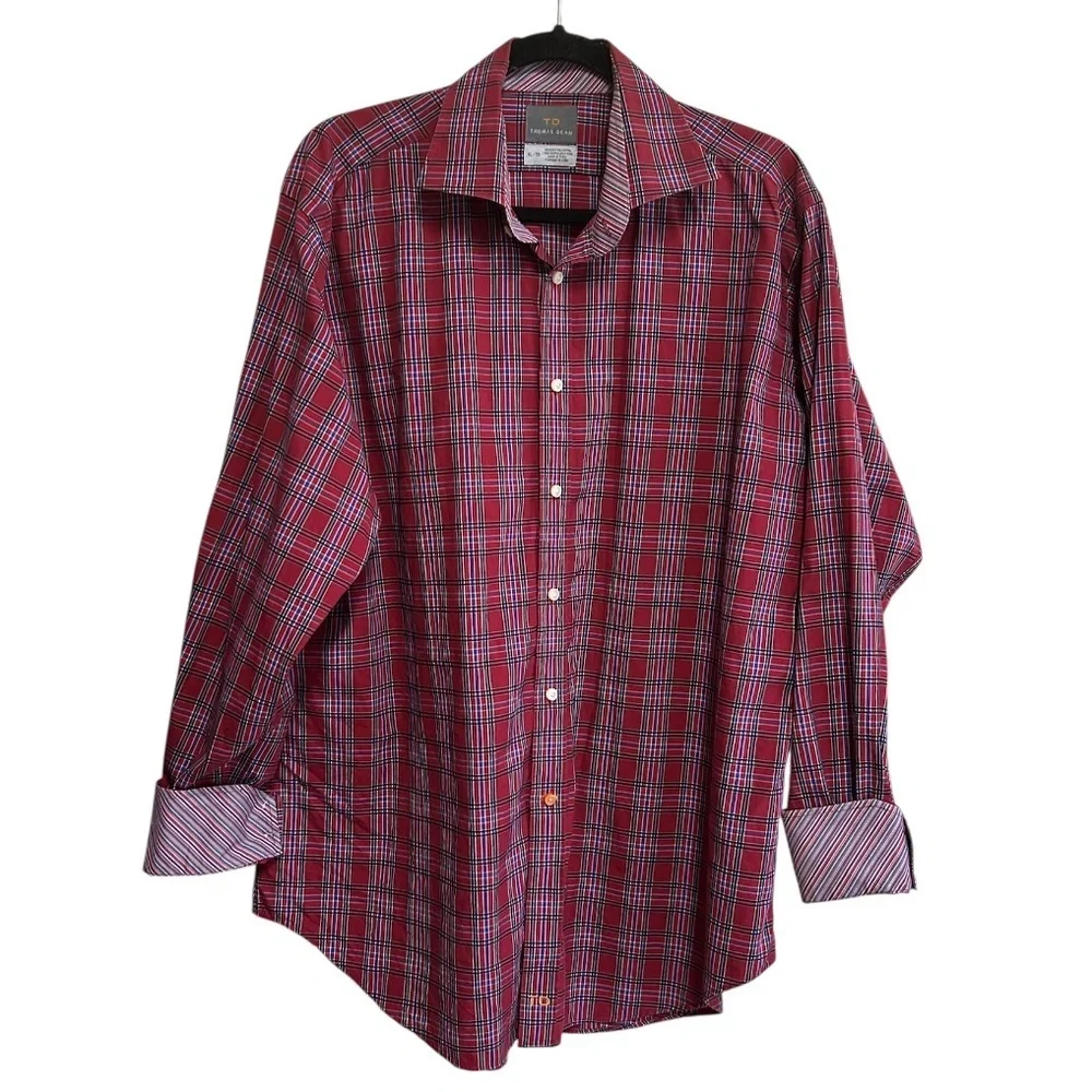Thomas Dean Shirt Size XL Red Plaid Flip Cuffs Long Sleeves